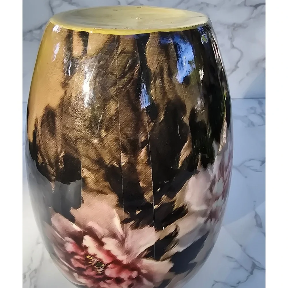 Vintage Peony  Large Floral Ceramic Ginger Jar Yellow Pink Vase Lid